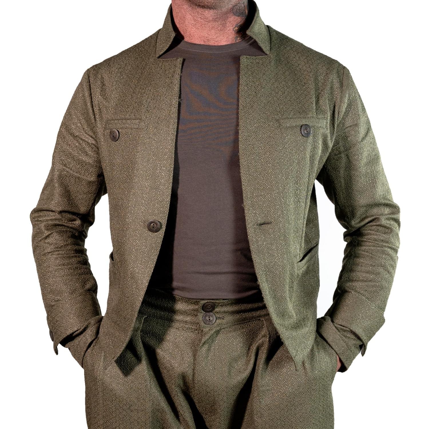juri-carissimi-abito-boilerino-juta-moss-fronte Abito Cropped Sartoriale in Juta color Muschio | Juri Carissimi